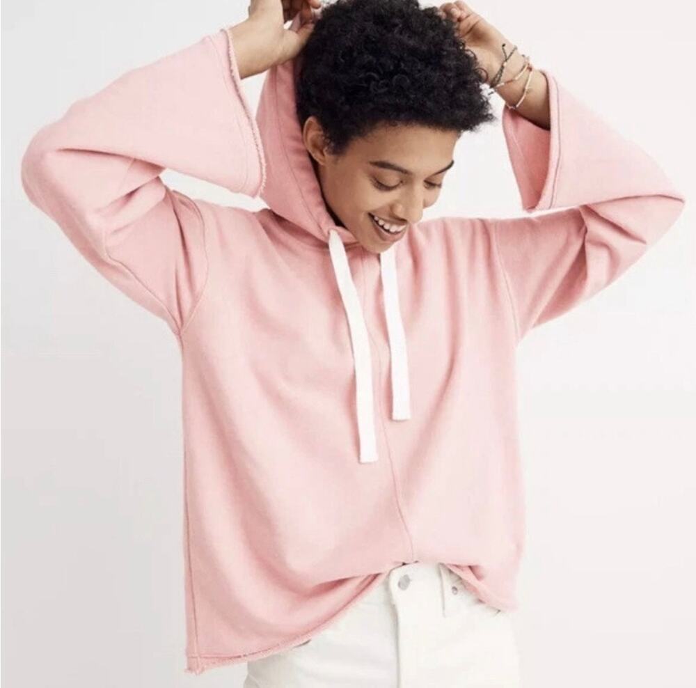 Madewell Bell Sleeve Hoodie Sweatshirt Pink Medium Raw Hem Oversized Cozy Soft